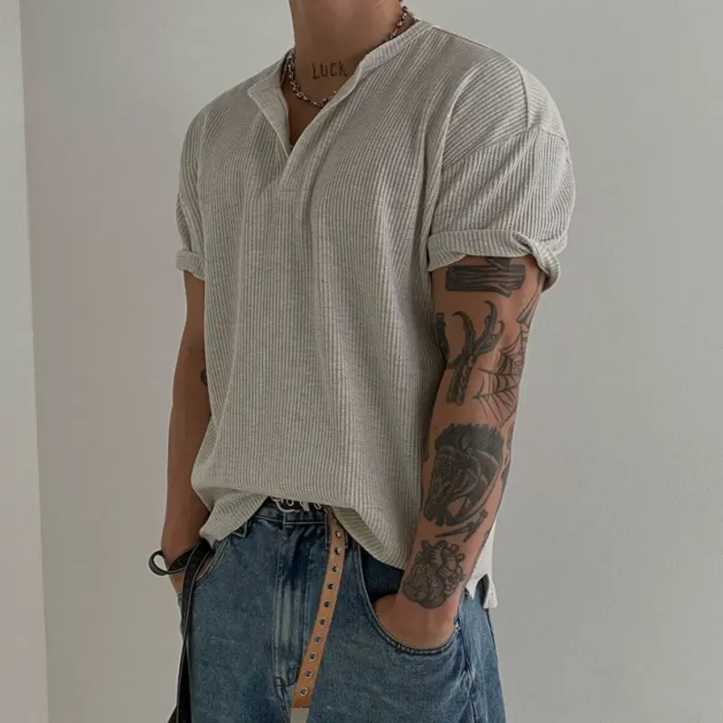 IEFB Summer Men's T-shirts Round Collar Button Design Solid Color Clothing Casual Short Sleeved Loose Male Tees Simple 9W2709