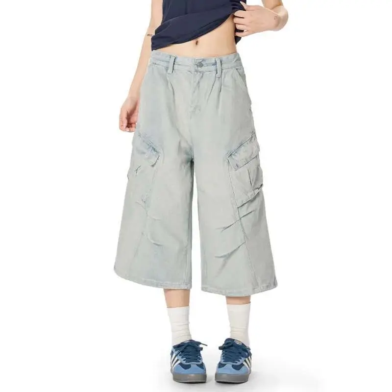 IEFB American Style Men's Denim Shorts Washing Pleated Solid Color Worn-out Loose Wide Leg Male Jeans Cleanfit  Summer 9W2463