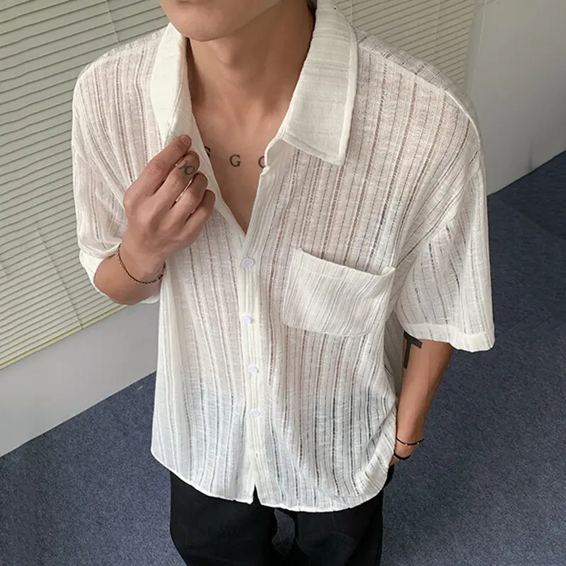 IEFB Men's Short Sleeve Shirts New Summer Striped Design Solid Color Turn-down Collar Casual Trendy Male Pockets Clothing 9W2078