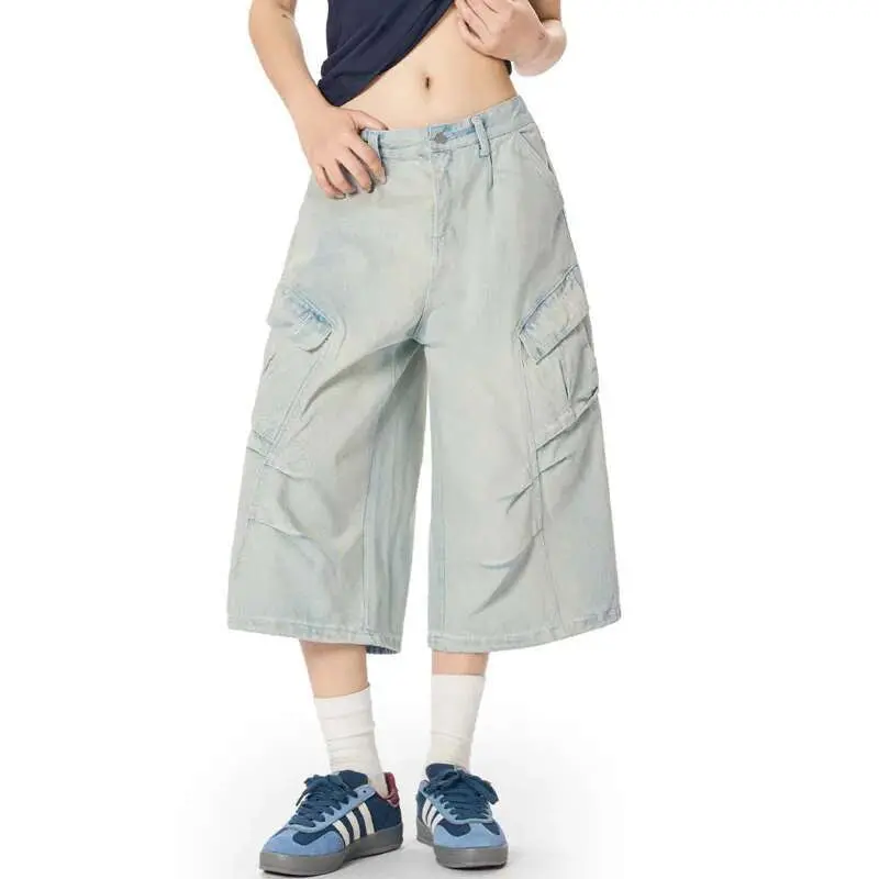 IEFB American Style Men's Denim Shorts Washing Pleated Solid Color Worn-out Loose Wide Leg Male Jeans Cleanfit  Summer 9W2463