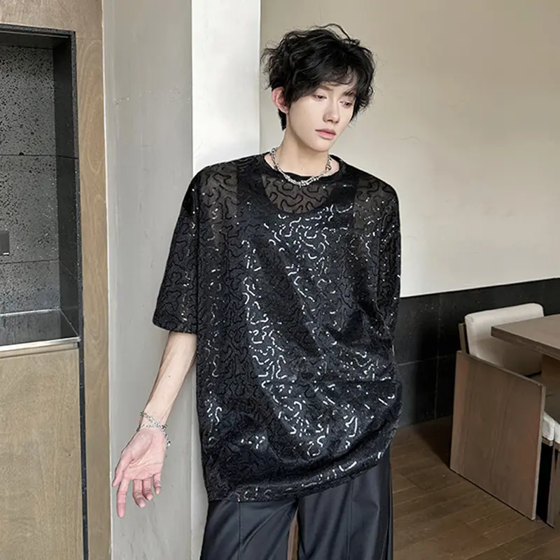 IEFB Men's T-shirts Short Sleeve Glitter Design New Summer Korean Style Round Neck Pullover Trendy Male Causal Tees 9W2131