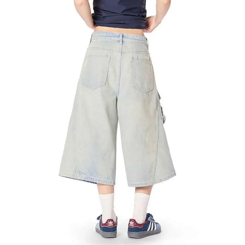 IEFB American Style Men's Denim Shorts Washing Pleated Solid Color Worn-out Loose Wide Leg Male Jeans Cleanfit  Summer 9W2463