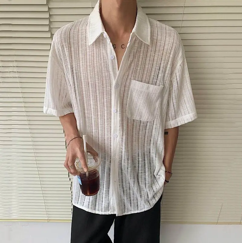 IEFB Men's Short Sleeve Shirts New Summer Striped Design Solid Color Turn-down Collar Casual Trendy Male Pockets Clothing 9W2078