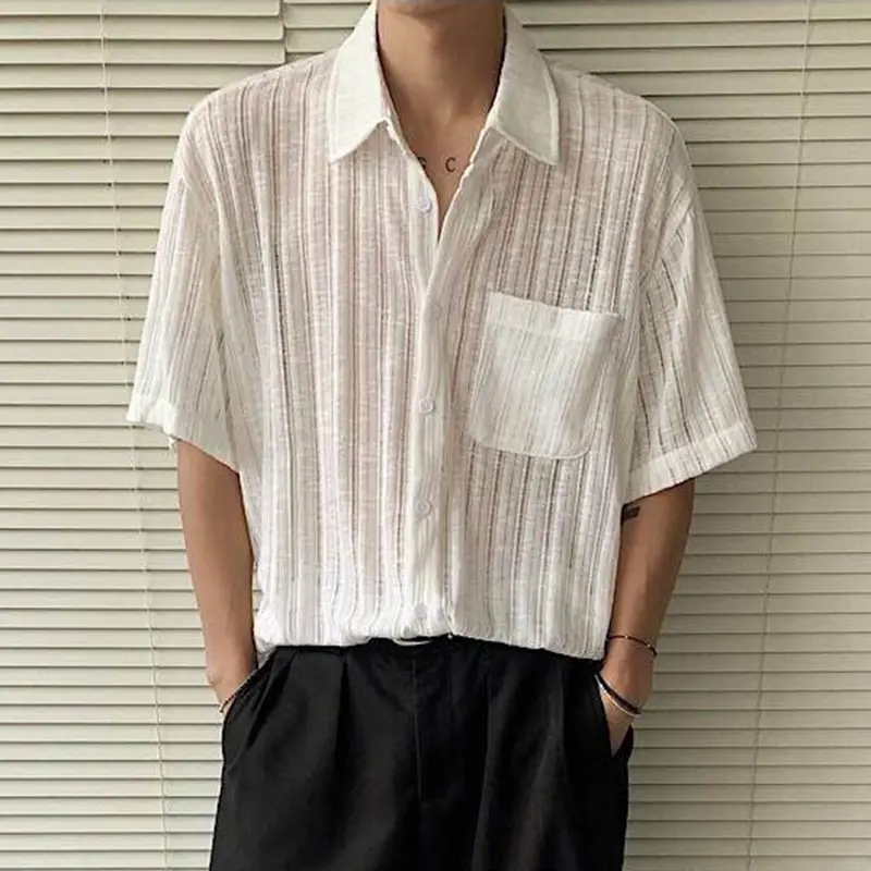 IEFB Men's Short Sleeve Shirts New Summer Striped Design Solid Color Turn-down Collar Casual Trendy Male Pockets Clothing 9W2078