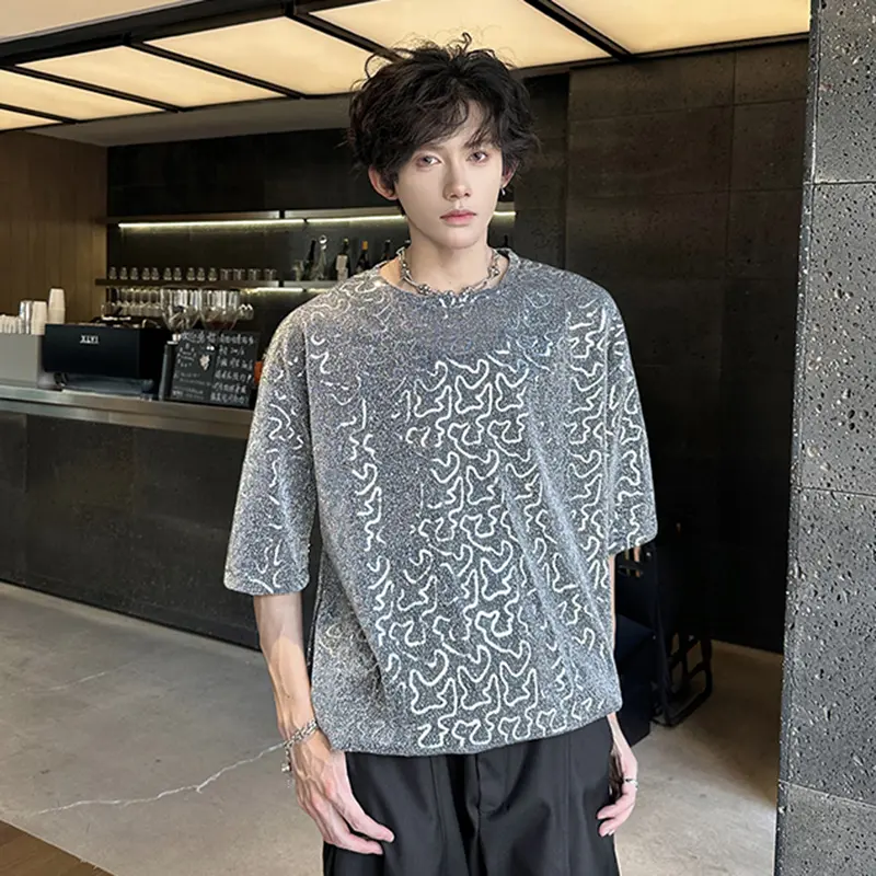 IEFB Men's T-shirts Short Sleeve Glitter Design New Summer Korean Style Round Neck Pullover Trendy Male Causal Tees 9W2131