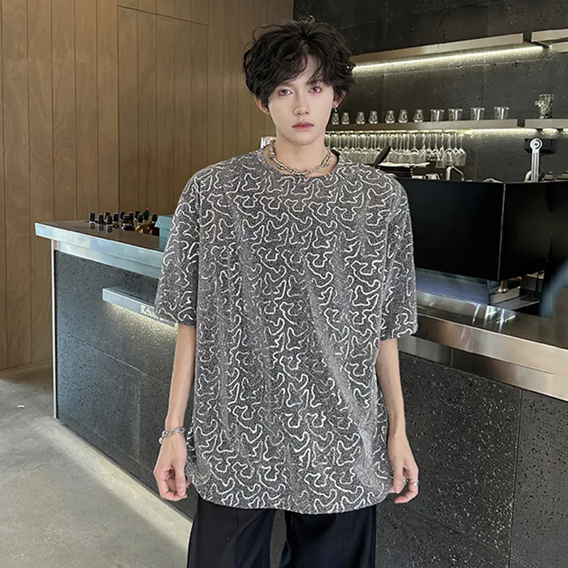 IEFB Men's T-shirts Short Sleeve Glitter Design New Summer Korean Style Round Neck Pullover Trendy Male Causal Tees 9W2131