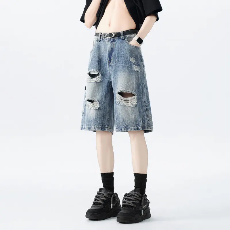 IEFB High Street Men's Denim Shorts Holes Design Solid Color Washing Raw Edge Straight Loose Male Jeans Summer Streetwear 9W3795