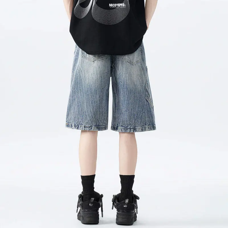 IEFB High Street Men's Denim Shorts Holes Design Solid Color Washing Raw Edge Straight Loose Male Jeans Summer Streetwear 9W3795