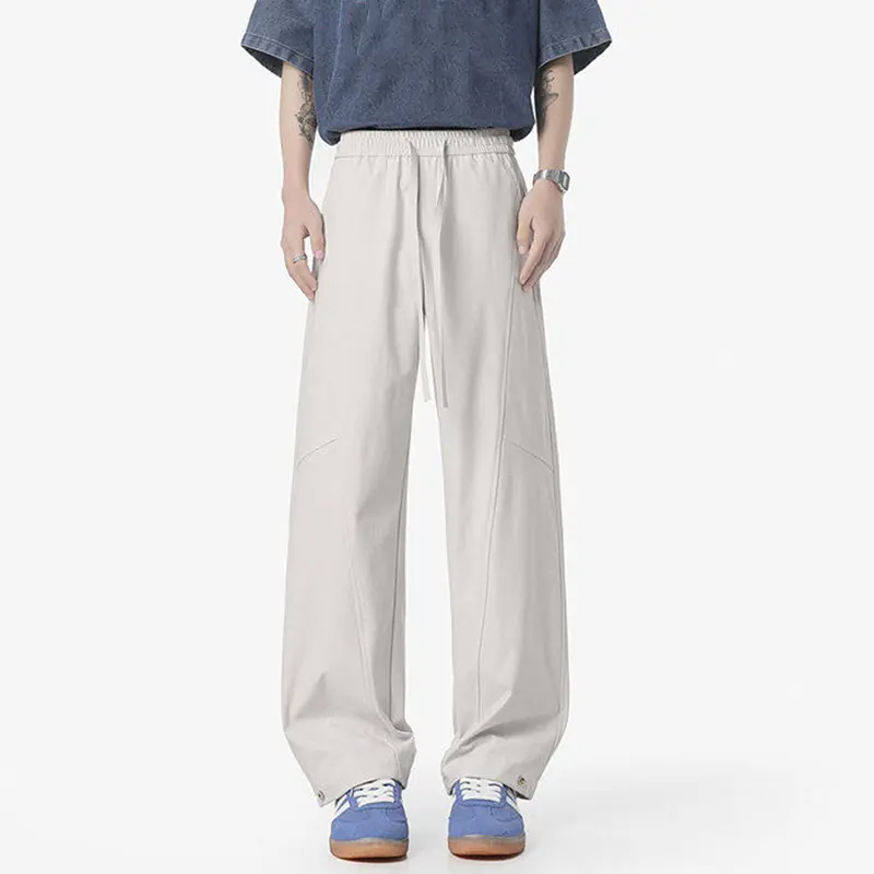 IEFB Simple Men's Casual Pants Solid Color Elastic Waist Straight Trousers Ice Silk Drawstring Quick Drying Male Bottom 9W3337