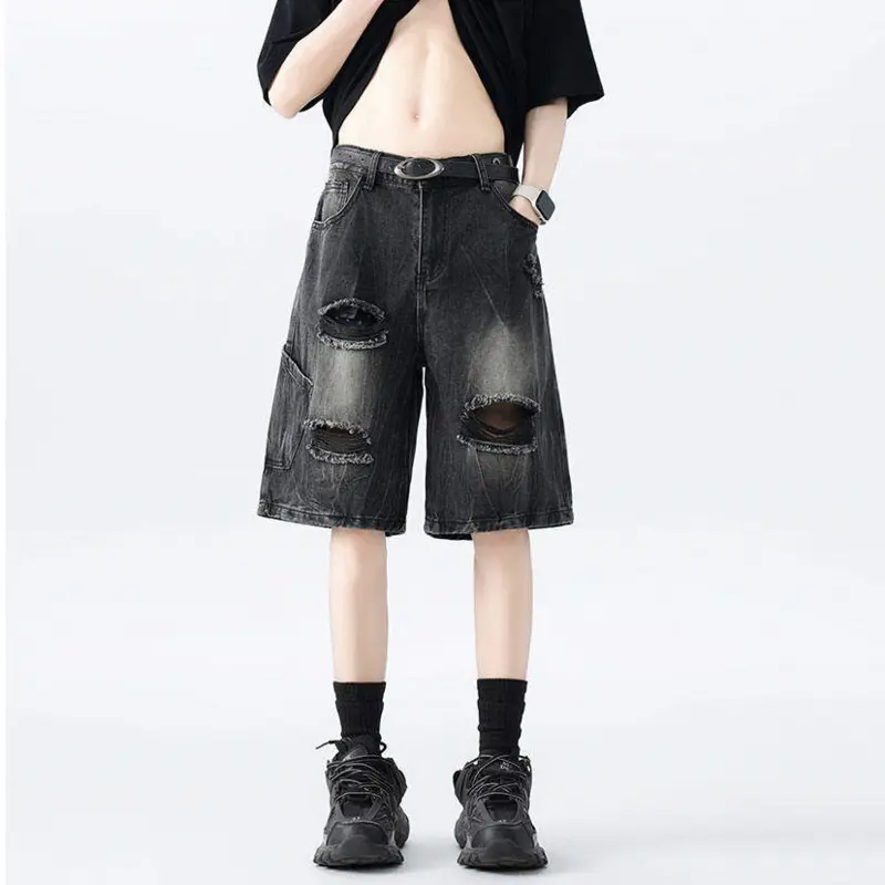 IEFB High Street Men's Denim Shorts Holes Design Solid Color Washing Raw Edge Straight Loose Male Jeans Summer Streetwear 9W3795