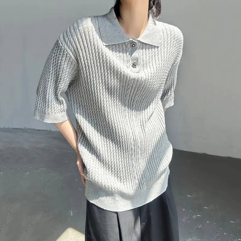 IEFB Korean Style Men's T-shirts Turn-down Collar Solid Color Button Short Sleeved Knitting Tops Loose Male Pullover Tees 9W2964