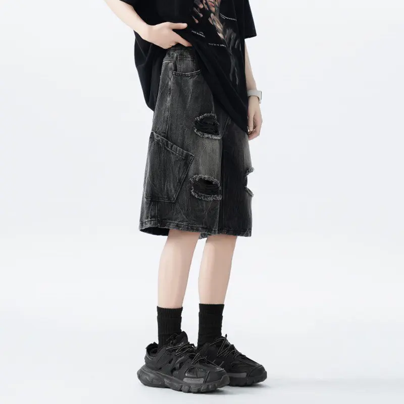 IEFB High Street Men's Denim Shorts Holes Design Solid Color Washing Raw Edge Straight Loose Male Jeans Summer Streetwear 9W3795