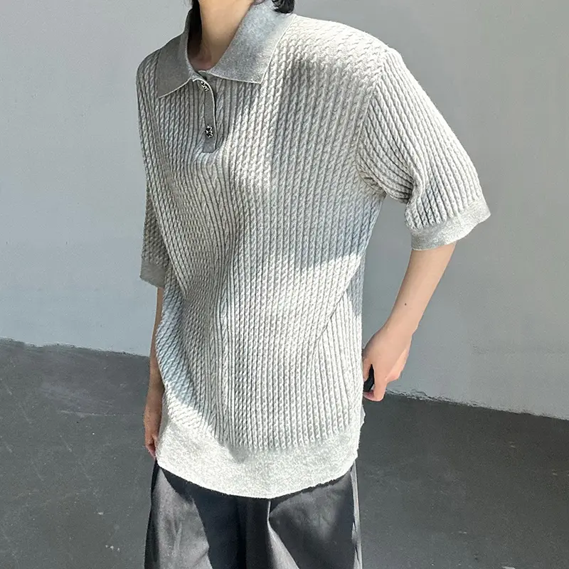 IEFB Korean Style Men's T-shirts Turn-down Collar Solid Color Button Short Sleeved Knitting Tops Loose Male Pullover Tees 9W2964