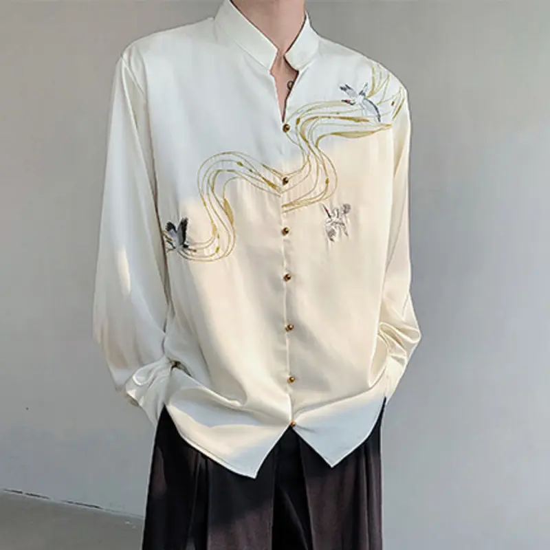 IEFB Chinese Style Men's Shirts Stand Collar Embroidery Contrast Color Long Sleeved Casual Single Breasted Loose Male Top 9W3626
