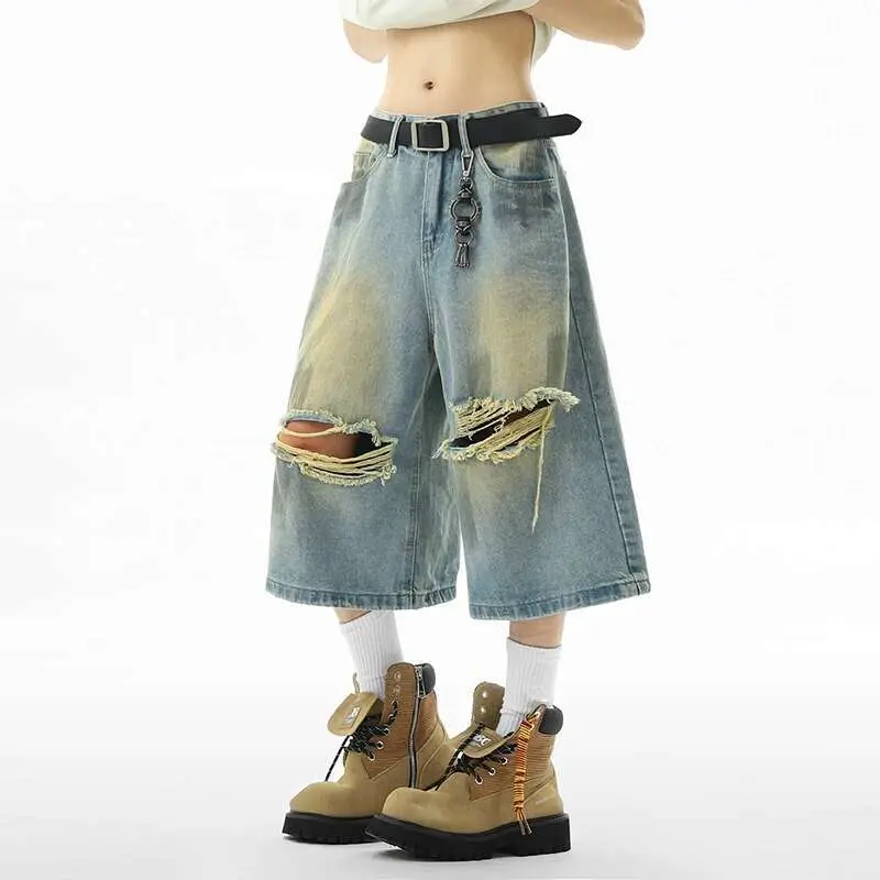 IEFB Summer New Stylish Men Denim Shorts Hole Design Worn-out American Style Seven Point Jeans Vintage Baggy Male Bottoms 9W2284