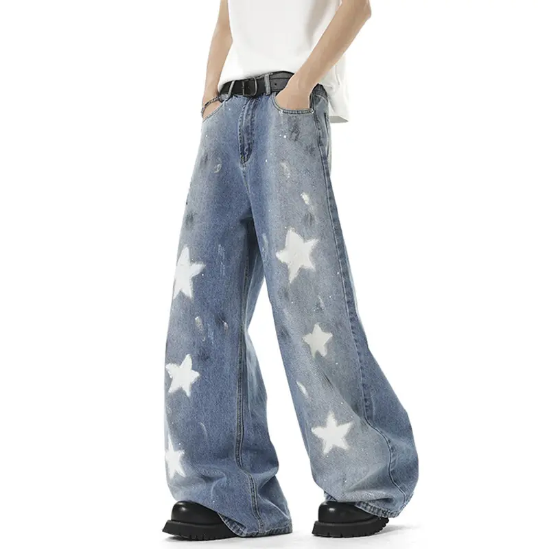 IEFB American Style Men's Denim Pants Straight Leg Distressed Paint Graffiti Star Pattern Jeans Loose Fit Men Clothing 9W3641