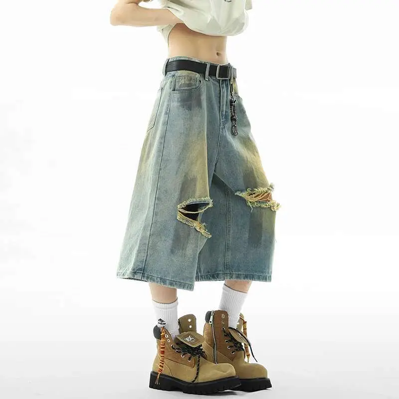 IEFB Summer New Stylish Men Denim Shorts Hole Design Worn-out American Style Seven Point Jeans Vintage Baggy Male Bottoms 9W2284