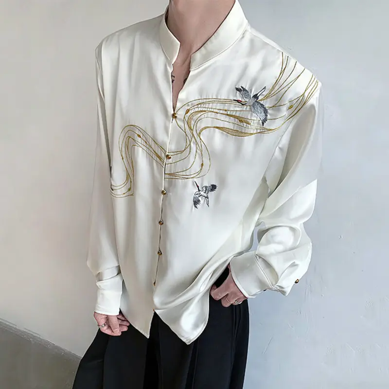 IEFB Chinese Style Men's Shirts Stand Collar Embroidery Contrast Color Long Sleeved Casual Single Breasted Loose Male Top 9W3626