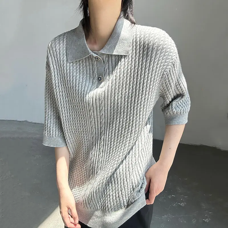 IEFB Korean Style Men's T-shirts Turn-down Collar Solid Color Button Short Sleeved Knitting Tops Loose Male Pullover Tees 9W2964