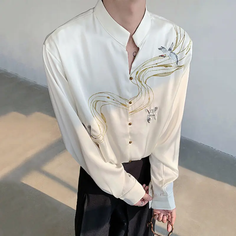 IEFB Chinese Style Men's Shirts Stand Collar Embroidery Contrast Color Long Sleeved Casual Single Breasted Loose Male Top 9W3626