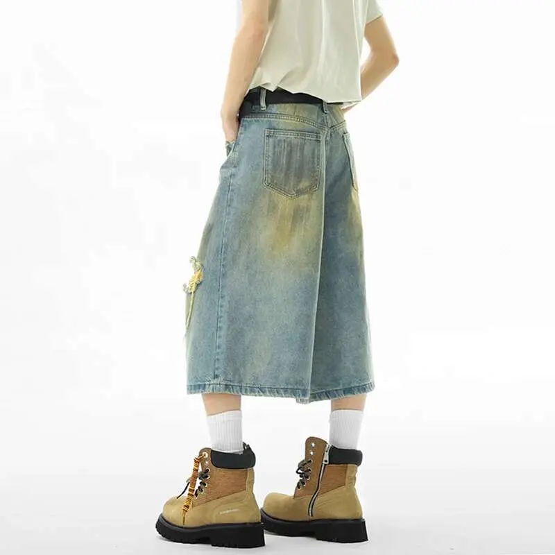 IEFB Summer New Stylish Men Denim Shorts Hole Design Worn-out American Style Seven Point Jeans Vintage Baggy Male Bottoms 9W2284