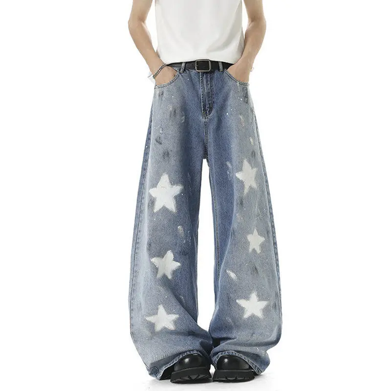 IEFB American Style Men's Denim Pants Straight Leg Distressed Paint Graffiti Star Pattern Jeans Loose Fit Men Clothing 9W3641