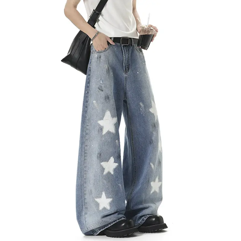 IEFB American Style Men's Denim Pants Straight Leg Distressed Paint Graffiti Star Pattern Jeans Loose Fit Men Clothing 9W3641