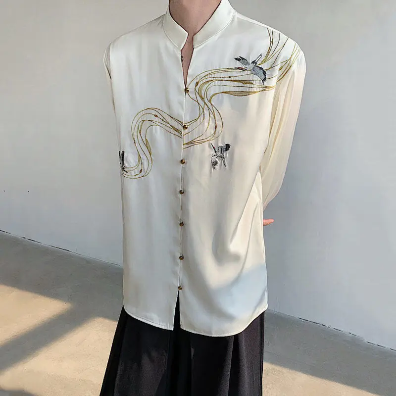 IEFB Chinese Style Men's Shirts Stand Collar Embroidery Contrast Color Long Sleeved Casual Single Breasted Loose Male Top 9W3626