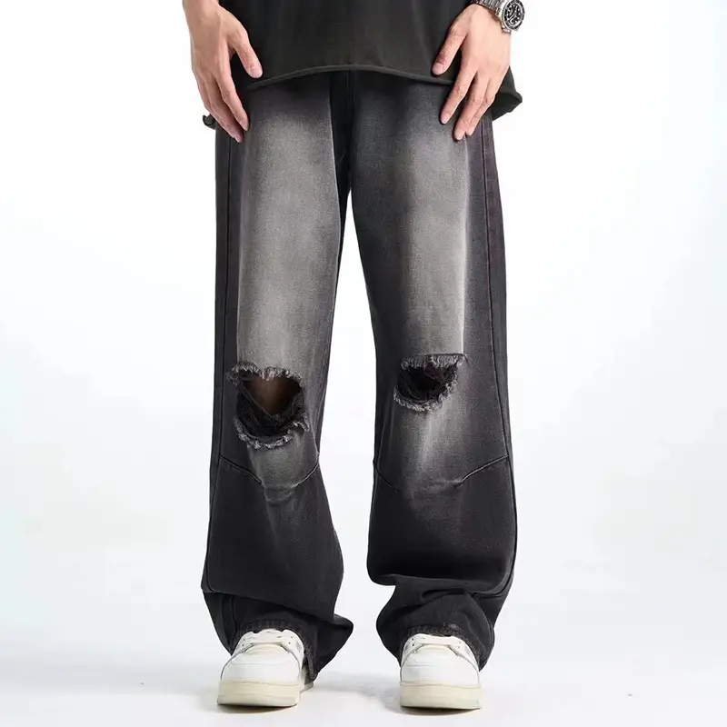 IEFB Men's Jeans Straight Wide Leg Washed Hole Jeans Hip Hop Style New American Style Summer Male Casual Trousers 9W2145