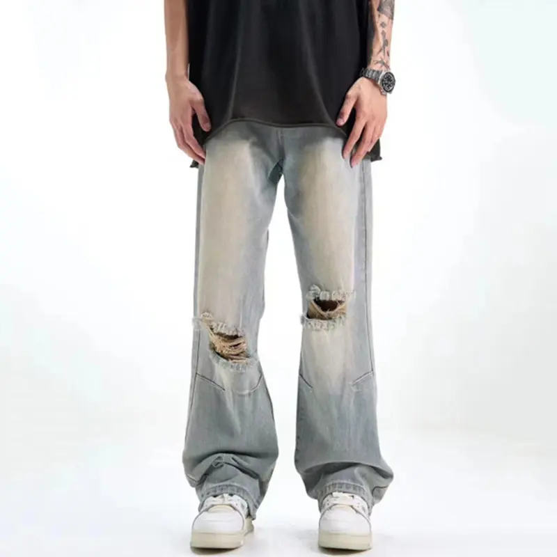 IEFB Men's Jeans Straight Wide Leg Washed Hole Jeans Hip Hop Style New American Style Summer Male Casual Trousers 9W2145