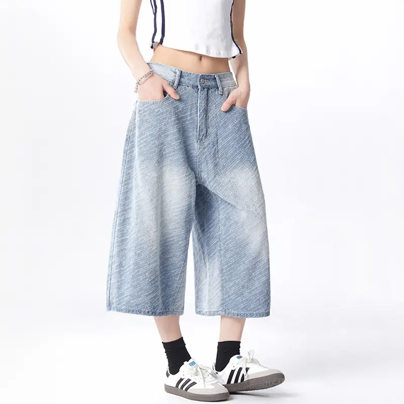 IEFB Niche Design Men's Denim Shorts Washing Jacquard Contrast Color Casual Streetwear Wide Leg Loose Straight Male Jeans 9W2753