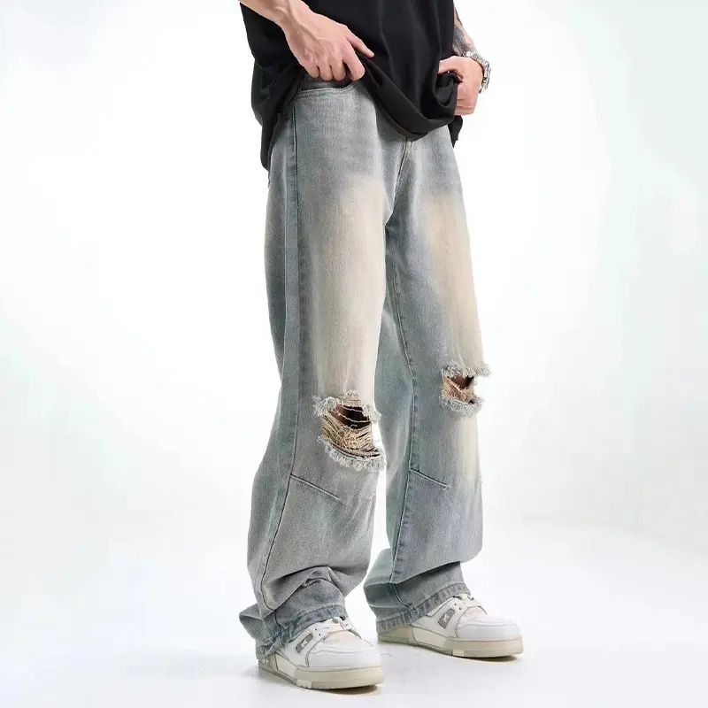 IEFB Men's Jeans Straight Wide Leg Washed Hole Jeans Hip Hop Style New American Style Summer Male Casual Trousers 9W2145