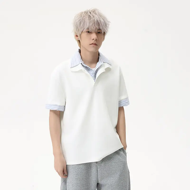 IEFB Korean Style Men's Tees Fake Two-piece Striped Design Lapel Casual Short Sleeved T-shirts Contrast Color Male Tops 9W2473