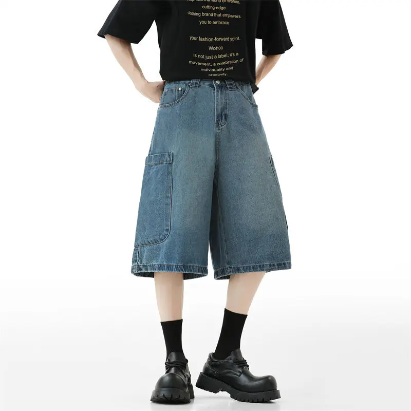 IEFB Simple Men's Denim Shorts Solid Color Large Pockets All-match Streetwear Button Cleanfit Wide Leg Loose Male Jeans 9W3794