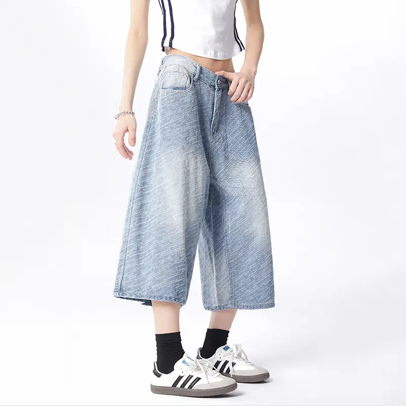 IEFB Niche Design Men's Denim Shorts Washing Jacquard Contrast Color Casual Streetwear Wide Leg Loose Straight Male Jeans 9W2753