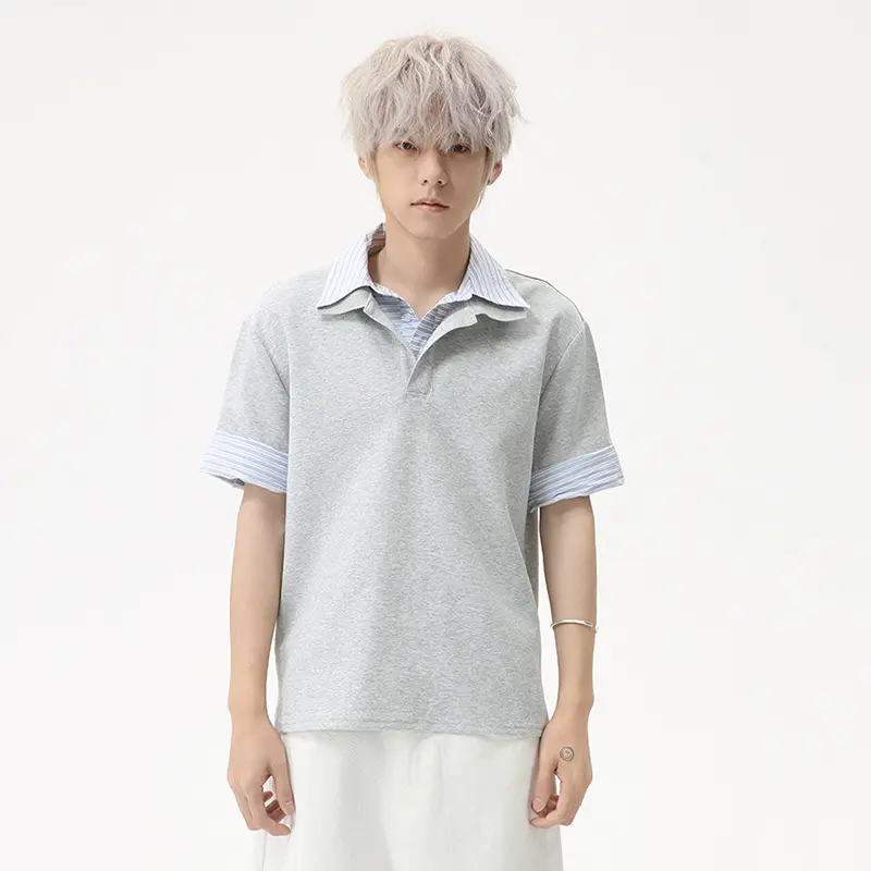 IEFB Korean Style Men's Tees Fake Two-piece Striped Design Lapel Casual Short Sleeved T-shirts Contrast Color Male Tops 9W2473