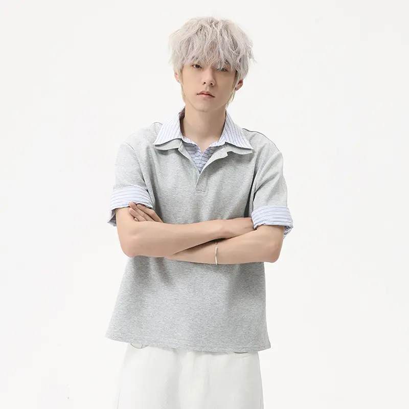 IEFB Korean Style Men's Tees Fake Two-piece Striped Design Lapel Casual Short Sleeved T-shirts Contrast Color Male Tops 9W2473