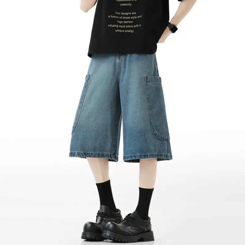 IEFB Simple Men's Denim Shorts Solid Color Large Pockets All-match Streetwear Button Cleanfit Wide Leg Loose Male Jeans 9W3794