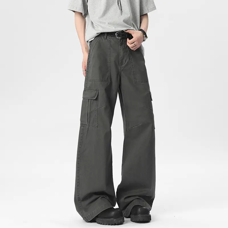 IEFB Korean Style Men's Denim Pants Solid Color Casual Side Pockets Splicing Bottom Straight Wide Leg Loose Male Trousers 9W2401