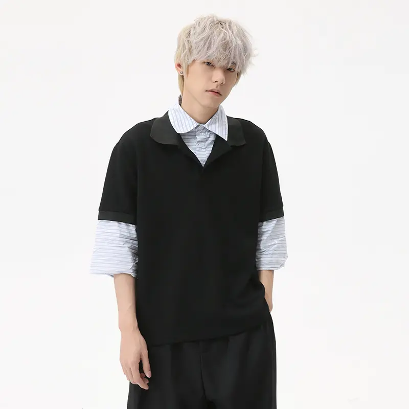 IEFB Korean Style Men's Tees Fake Two-piece Striped Design Lapel Casual Short Sleeved T-shirts Contrast Color Male Tops 9W2473