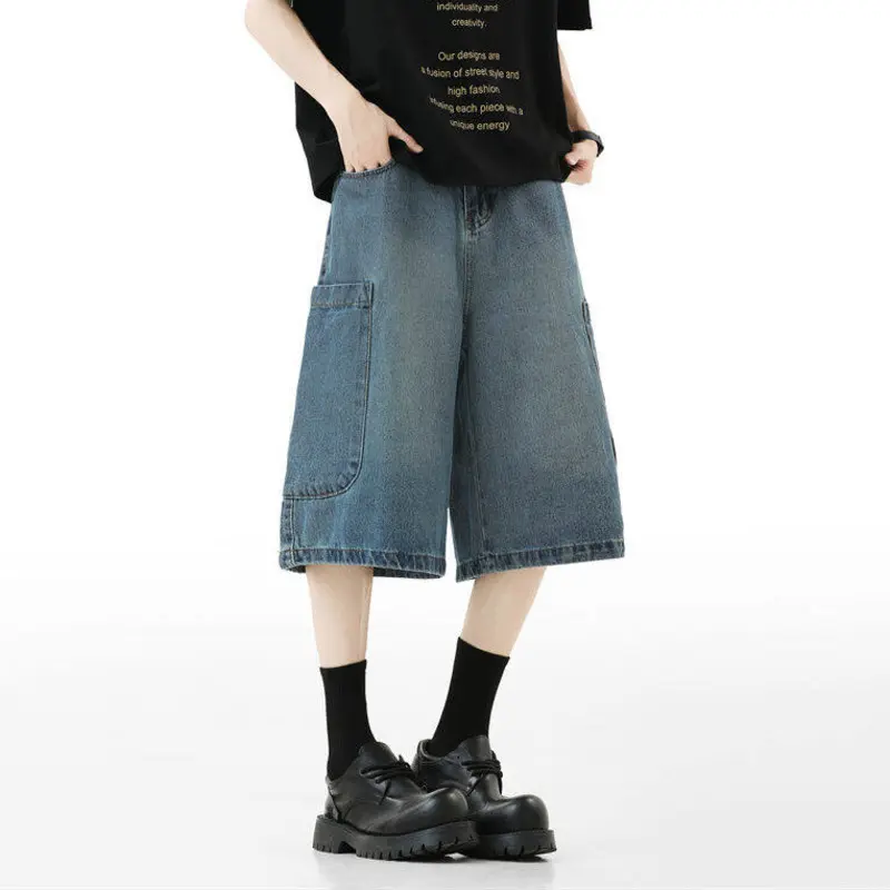 IEFB Simple Men's Denim Shorts Solid Color Large Pockets All-match Streetwear Button Cleanfit Wide Leg Loose Male Jeans 9W3794