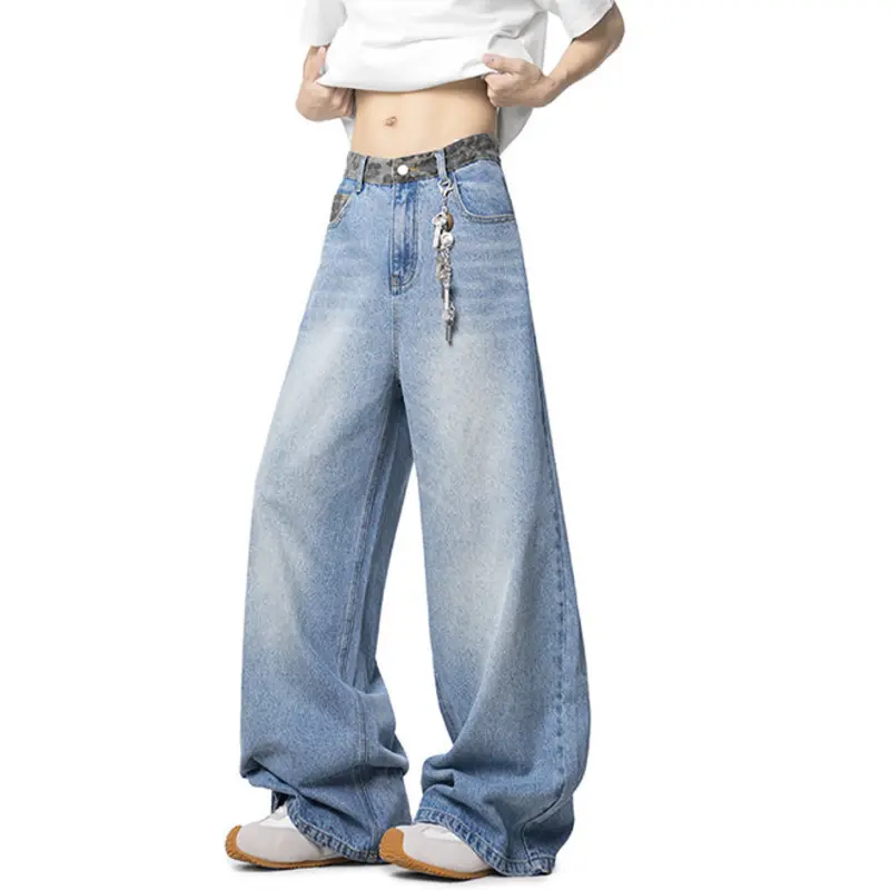 IEFB New Fashion Men's Jeans Washing Leopard Print Patchwork Contrats Color Trousers Straight Wide Leg Male Denim Pants 9W3861