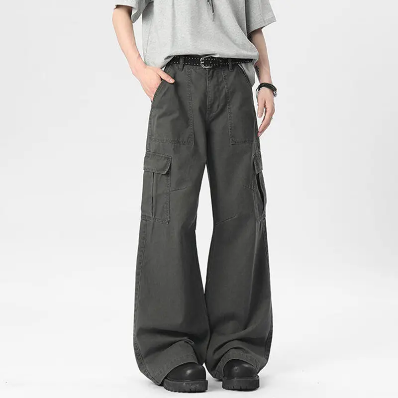 IEFB Korean Style Men's Denim Pants Solid Color Casual Side Pockets Splicing Bottom Straight Wide Leg Loose Male Trousers 9W2401