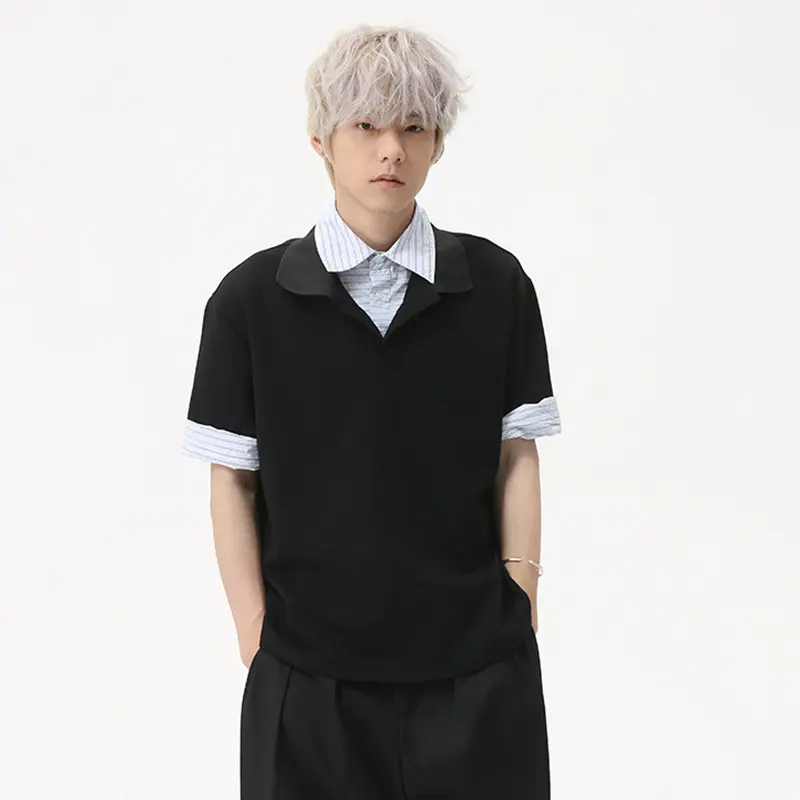 IEFB Korean Style Men's Tees Fake Two-piece Striped Design Lapel Casual Short Sleeved T-shirts Contrast Color Male Tops 9W2473