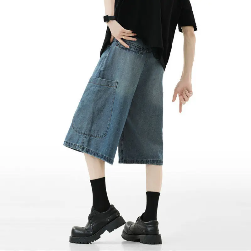 IEFB Simple Men's Denim Shorts Solid Color Large Pockets All-match Streetwear Button Cleanfit Wide Leg Loose Male Jeans 9W3794