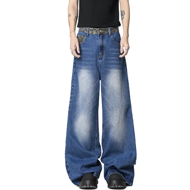IEFB New Fashion Men's Jeans Washing Leopard Print Patchwork Contrats Color Trousers Straight Wide Leg Male Denim Pants 9W3861