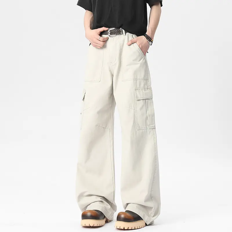 IEFB Korean Style Men's Denim Pants Solid Color Casual Side Pockets Splicing Bottom Straight Wide Leg Loose Male Trousers 9W2401