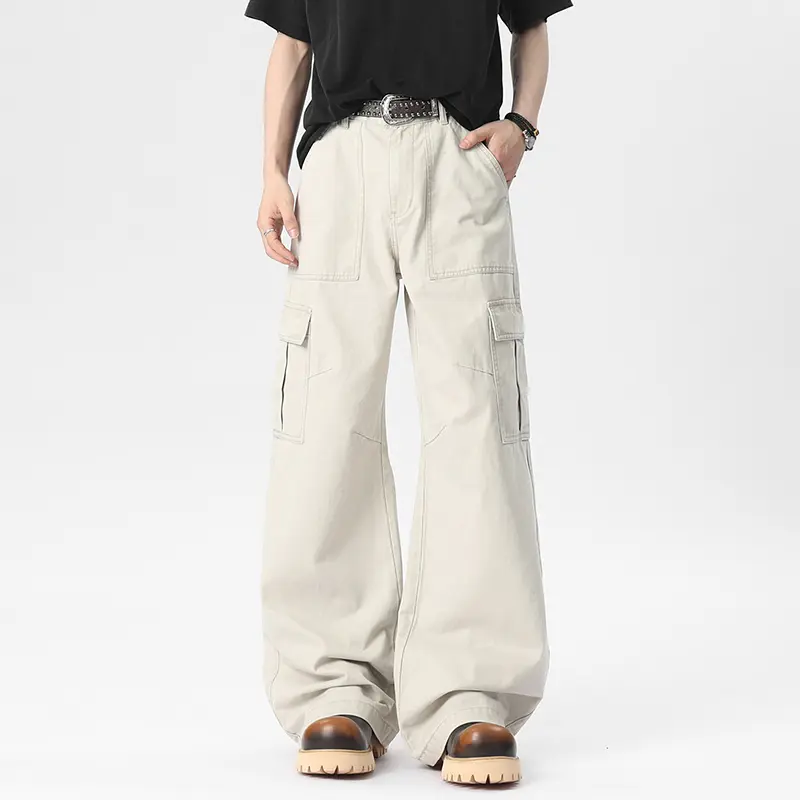 IEFB Korean Style Men's Denim Pants Solid Color Casual Side Pockets Splicing Bottom Straight Wide Leg Loose Male Trousers 9W2401