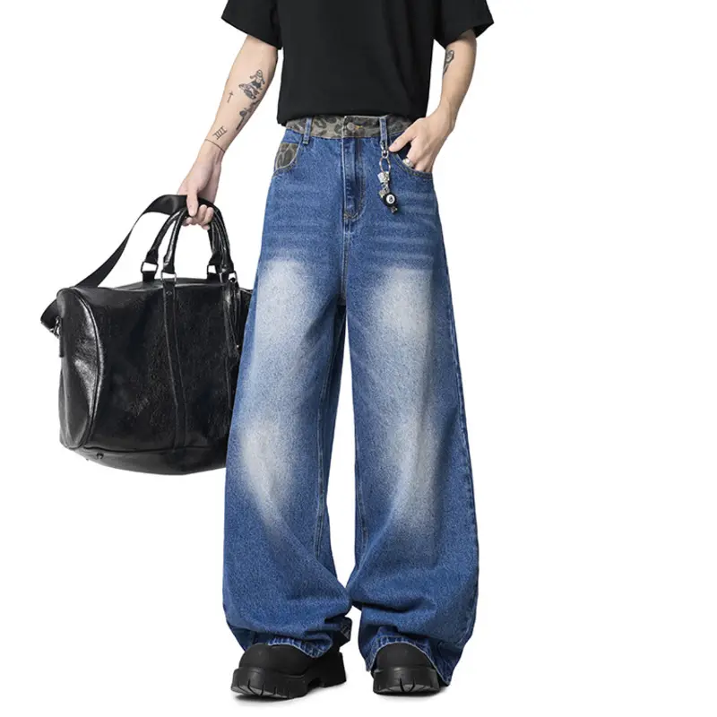 IEFB New Fashion Men's Jeans Washing Leopard Print Patchwork Contrats Color Trousers Straight Wide Leg Male Denim Pants 9W3861