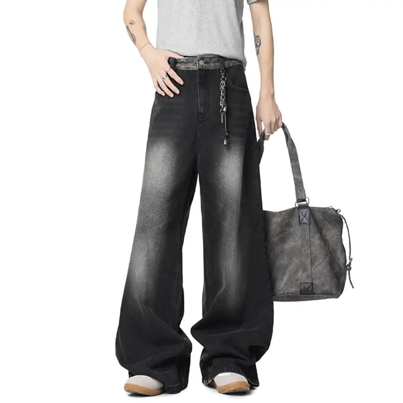 IEFB New Fashion Men's Jeans Washing Leopard Print Patchwork Contrats Color Trousers Straight Wide Leg Male Denim Pants 9W3861